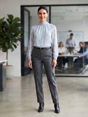 Like new Soft Blue white floral shadow stripe Mock Neck Long sleeve Blouse  XL